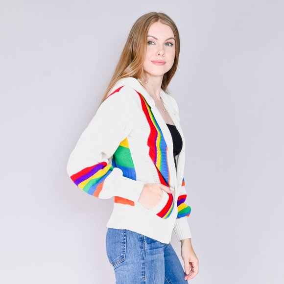 VINTAGE Rainbow Knit Zipper Sweater with Hood 70s Unique Rare Pullover - Picture 3 of 8